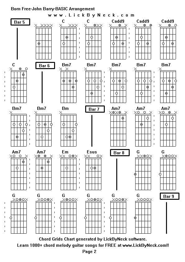 Chord Grids Chart of chord melody fingerstyle guitar song-Born Free-John Barry-BASIC Arrangement,generated by LickByNeck software.